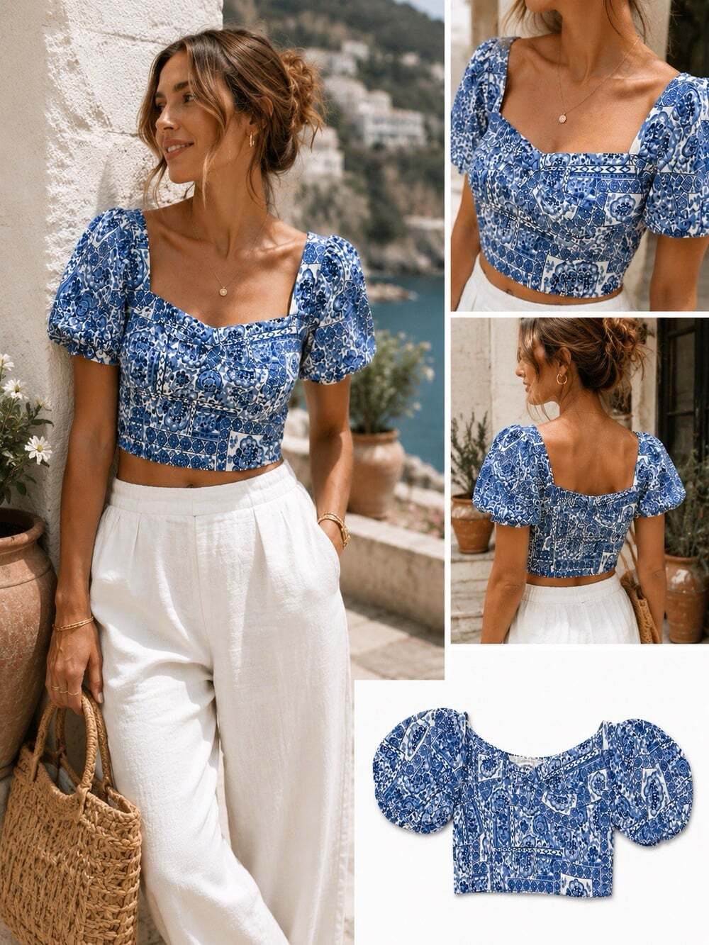 Abercrombie & Fitch Boho Cottage core Blue Porcelain Puff Sleeve Crop Top Resort